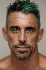 Obraz premium Close up portrait of mature Caucasian male with bright green dyed hair, freckles, and striking blue eyes against neutral background. Facial features show character and confidence.