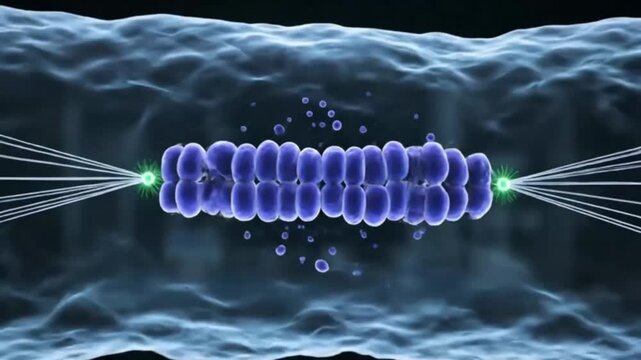 Cinematic 3D animation of cell division stages, prophase to telophase, connected mitosis steps with glowing spindle fibers on scientific background