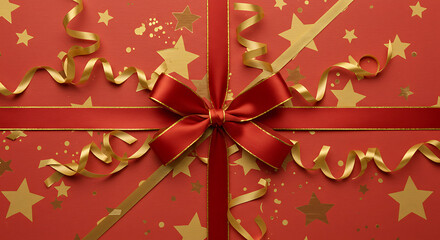 Gift box with red and gold ribbon, festive star pattern, luxury holiday wrapping, celebration concept background