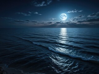 Night ocean scene with moon illuminating water. Stars above waves and beach