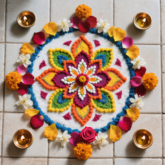 Diwali Flatlay Advertisement Tiled Floor Rangoli Patterns Colored Powders Flower Petals Diyas Natural Light Vibrant Colors Cultural Artistry