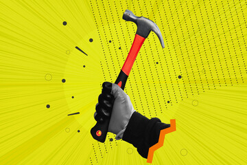 Creative pop art collage of a hand holding a hammer on a bright yellow background. Concept for construction, DIY, labor day and industrial safety.