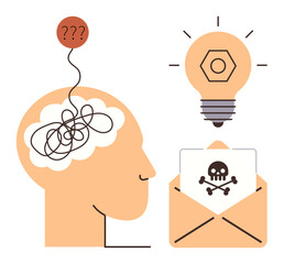 Tied brain with question marks, lightbulb symbolizing ideas, malicious email envelope with skull and crossbones. Ideal for cybersecurity, innovation, problem solving, awareness, digital threats