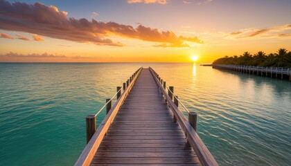 Wooden pier stretches to sunlit horizon over calm turquoise waters at sunset