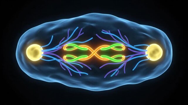 3D animation of meiosis process with glowing chromosomes, reduction division into four cells, educational biology visualization on dark background