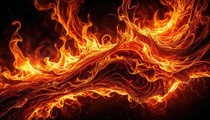 Fiery swirls of flames, intense oranges and reds, black background, abstract energy