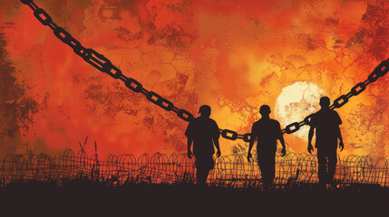 Watercolor illustration for International Day for the Abolition of Slavery on an orange vintage background. Horizontal banner with artistic texture and copy space for your text