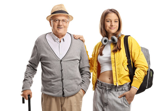 Fototapeta Teenage girl posing next to her grandfather