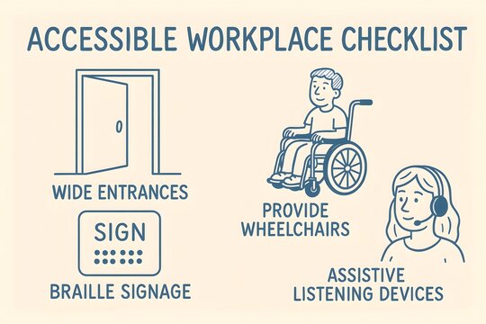 Infographic: accessible workplace checklist with wide entrances, Braille signage, assistive listening devices, and wheelchair support for employees