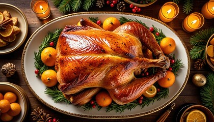 Roasted turkey on platter, festive decor