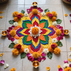 Diwali Flatlay Advertisement Tiled Floor Rangoli Patterns Colored Powders Flower Petals Diyas Natural Light Vibrant Colors Cultural Artistry
