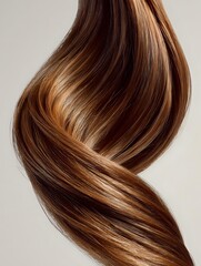 Smooth flowing brown hair with caramel highlights and natural shine against neutral background, showcasing professional hair coloring and styling techniques.