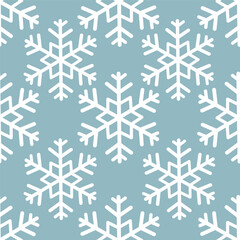 Seamless pattern with snowflakes of different shapes and sizes, evenly spaced on a blue background.