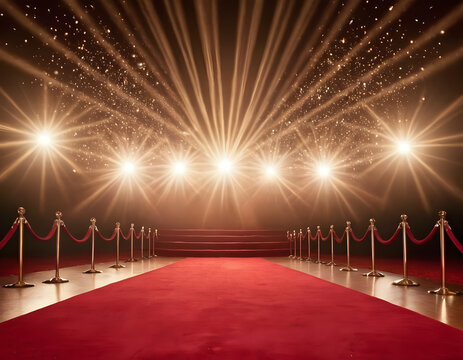Red carpet stage with spotlights and glittering particles. Luxury stage with lightning and red carpet