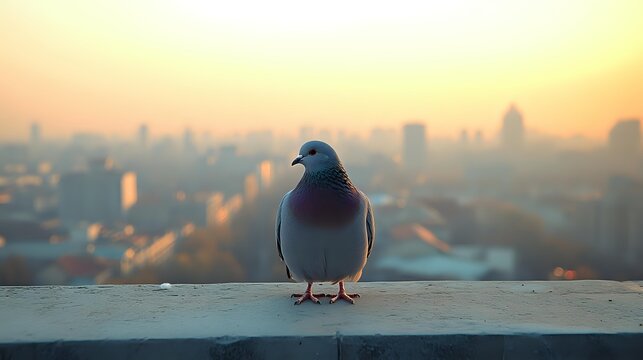 Pigeon standing on ledge overlooking urban cityscape during golden sunset hour, soft focus background creates dreamy atmospheric scene with warm tones.