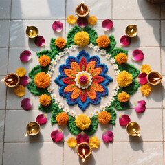 Diwali Flatlay Advertisement Tiled Floor Rangoli Patterns Colored Powders Flower Petals Diyas Natural Light Vibrant Colors Cultural Artistry