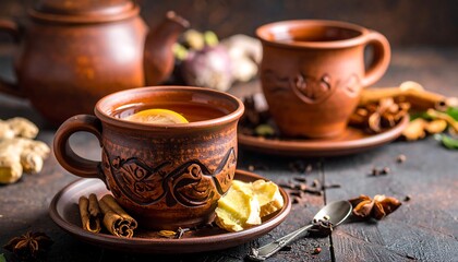 Earthenware teacup filled with spiced tea, garnished with lemon and ginger