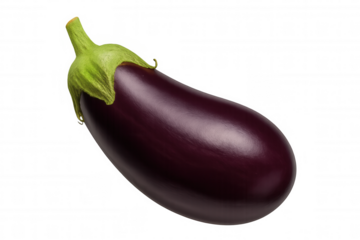 Organic eggplant with smooth, dark purple skin and a healthy green stem, representing fresh vegan food and dietary choices