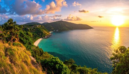 Panoramic ocean view with golden sunset, green hills, and turquoise water