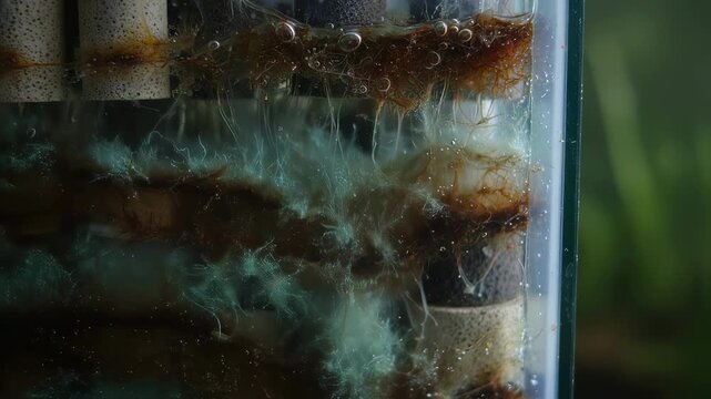 Closeup of microbial biofilter system in action showcasing beneficial bacteria layers enhancing water purification and maintaining clean aquatic environments.