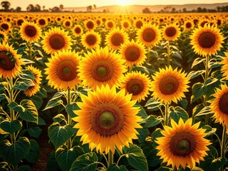Sunflower field bathed in golden sunlight at sunset