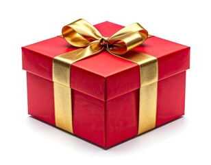 Fototapeta premium Red gift box with gold ribbon tied in a bow, isolated on white