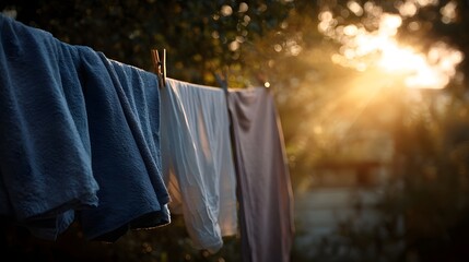 Fresh laundry drying on a clothesline illuminated by warm golden hour sunlight filtering through trees