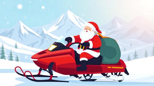 A funny Santa Claus rides a snowmobile along a snowy path in the mountains, cartoon, illustration style. Santa is having fun and using modern transport