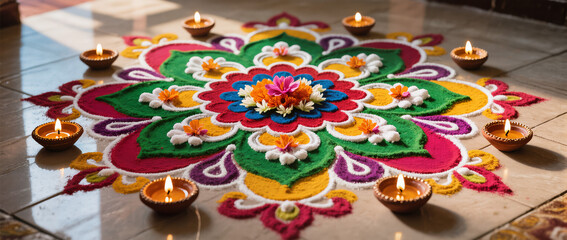 Diwali Flatlay Advertisement Tiled Floor Rangoli Patterns Colored Powders Flower Petals Diyas Natural Light Vibrant Colors Cultural Artistry