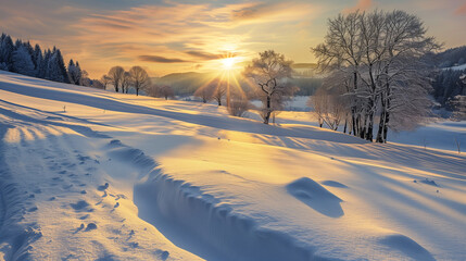 Ultra realistic photo of snowy landscape at sunset,