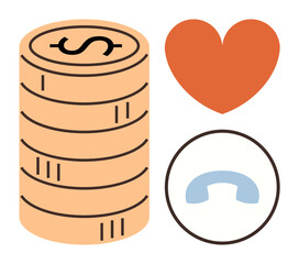 Stack of coins, heart, and telephone receiver emphasizing financial planning, love, communication, care, advice relationships. Ideal for finance charity connection customer service themes. Simple