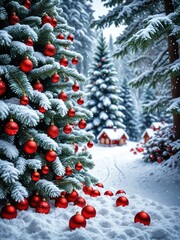 Snowy Christmas forest scene with red ornaments. Cozy homes blanketed in snow