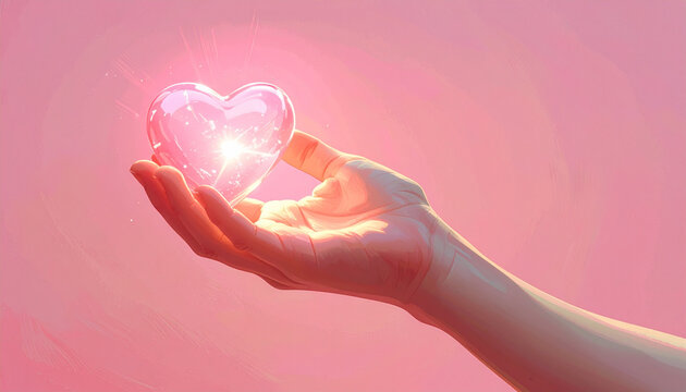 A child’s hand gently holding a glowing pink heart against a soft pink background, symbolizing love, care, kindness, and innocence. Perfect for concepts of compassion, hope, and emotional warmth.