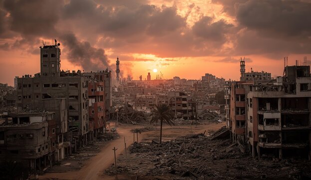 Sunset over a war-torn city with destroyed buildings