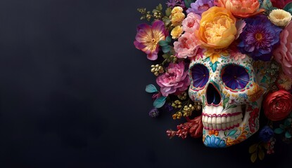 Naklejka premium Colorful Floral Skull Art on Dark Background