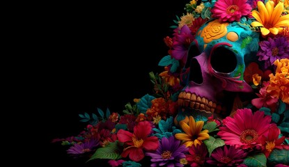 Obraz premium Colorful Skull Surrounded by Vibrant Flowers
