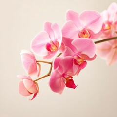 Delicate pink orchid flowers in full bloom on a light background, showcasing their elegant petals and vibrant colors