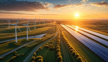 Renewable energy landscape with solar panels, windmills, and bright sunset