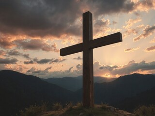 Wooden Christian cross stands prominently atop a grassy hill overlooking majestic mountains bathed in the warm glow of a breathtaking sunrise in the distance.