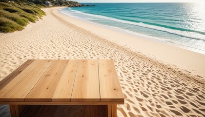 Wooden table perspective on pristine beach, ocean waves, golden sand, bright sky