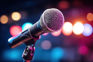 A close-up of a microphone on stage with colorful, blurred lights in the background, creating a vibrant performance atmosphere