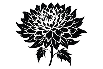 Black and White Chrysanthemum Flower Illustration with Stem and Leaves Graphic Design