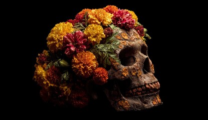 Naklejka premium Colorful Floral Skull Decoration on Black Background