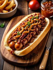 Gourmet hot dog on a wooden board, featuring toppings, fries, and sauce