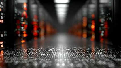 Dark Server Room With Binary Code and Reflective Floor - Powered by Adobe