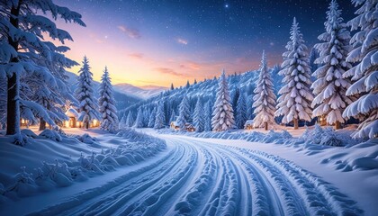 Winter wonderland road, snow-covered trees under a starlit sky at dusk
