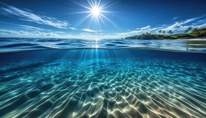 Split view of ocean's sun-drenched surface and underwater textures, serene beach