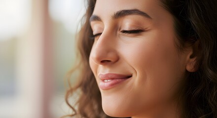 Close up of a serene woman with closed eyes and curly hair in a peaceful expression indoors