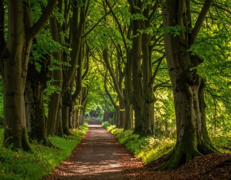 Sunlight filters through a lush, tree-lined path creating a vibrant natural tunnel - Powered by Adobe