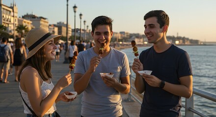 Three friends enjoying meat skewers by the sea at sunset with city buildings in the background view